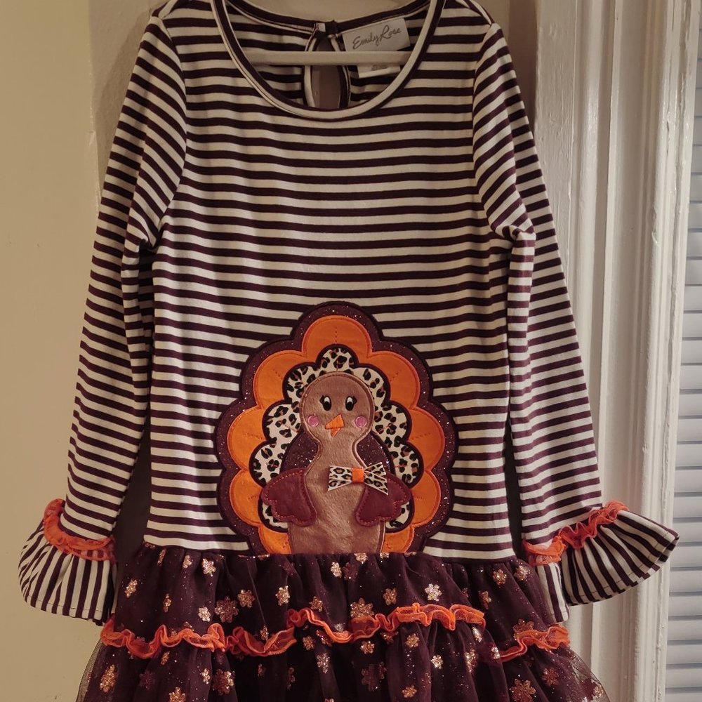 Vibrant Turkey Thanksgiving 1 piece Dress with Glitter Tutu (size 8)